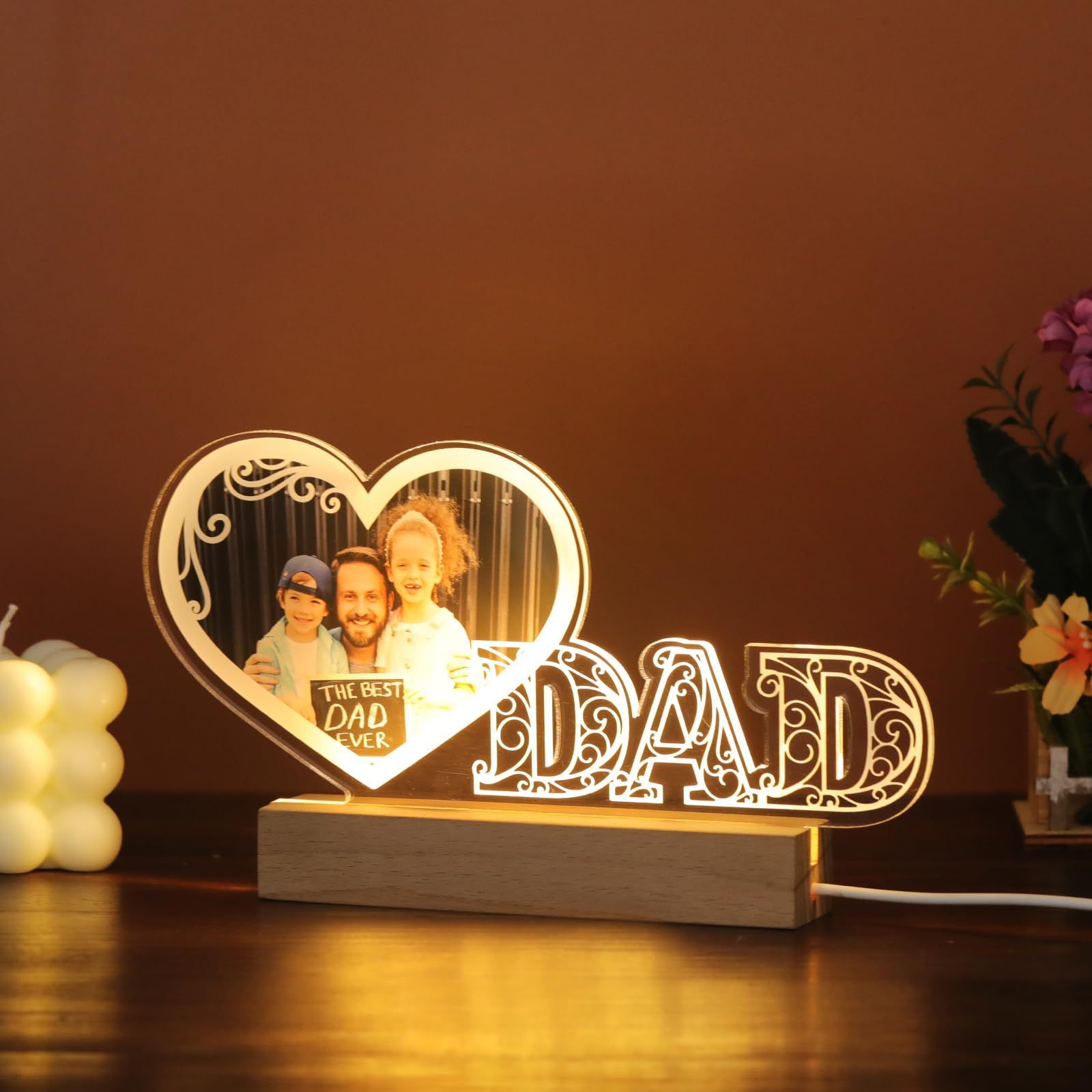 Personalized LED Heart Photo Plaque for Dad Custom Gift for Father's Day or Birthday