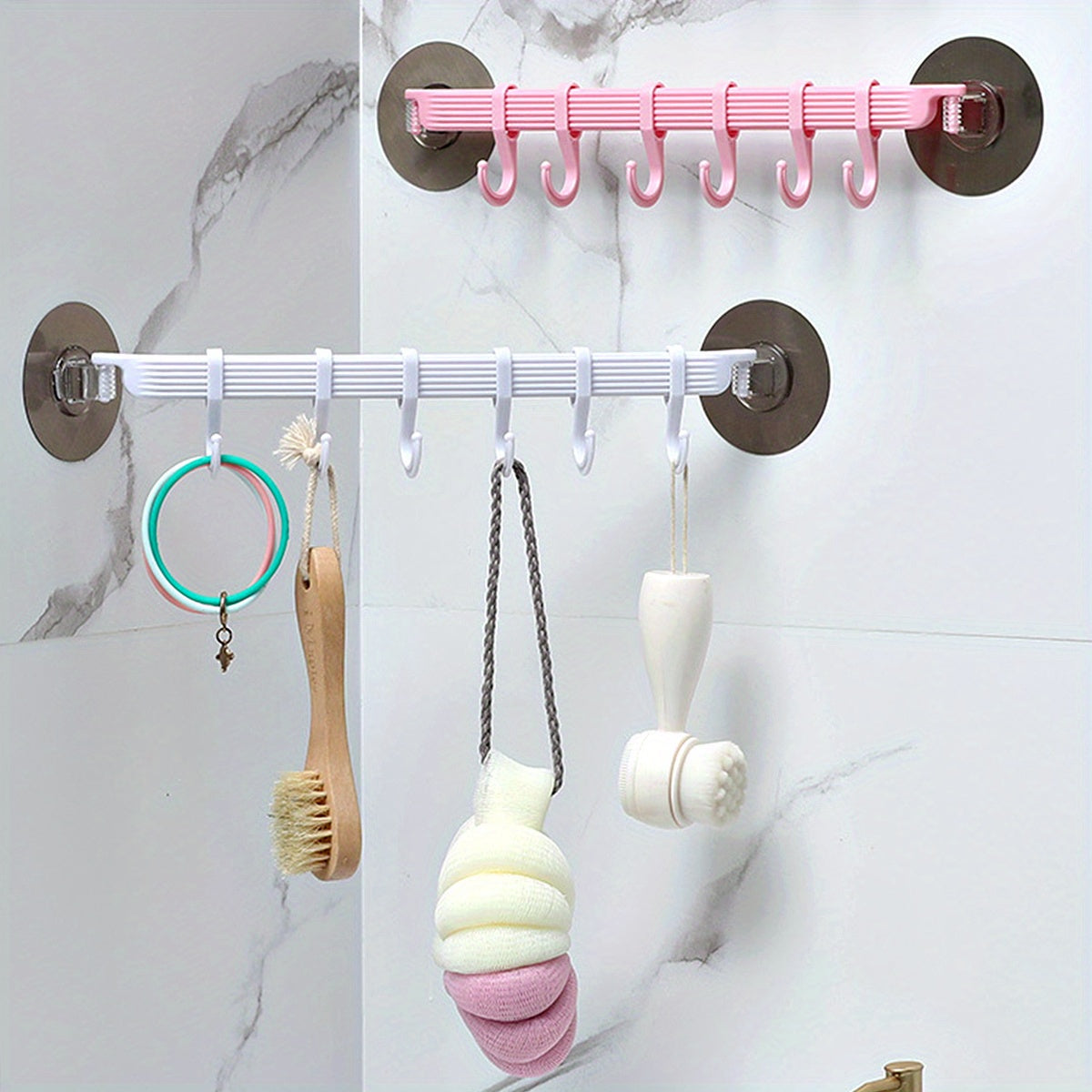 Organizador de almacenamiento en pared con ganchos ajustables para artículos esenciales de baño plástico blanco 36cm