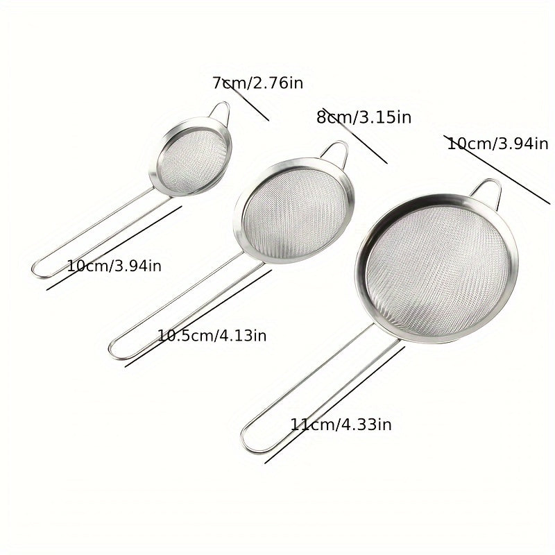 Set of 3 Stainless Steel Kitchen Strainers with Fine Mesh Skimmer Spoon Egg White Separator and Flour Sifter