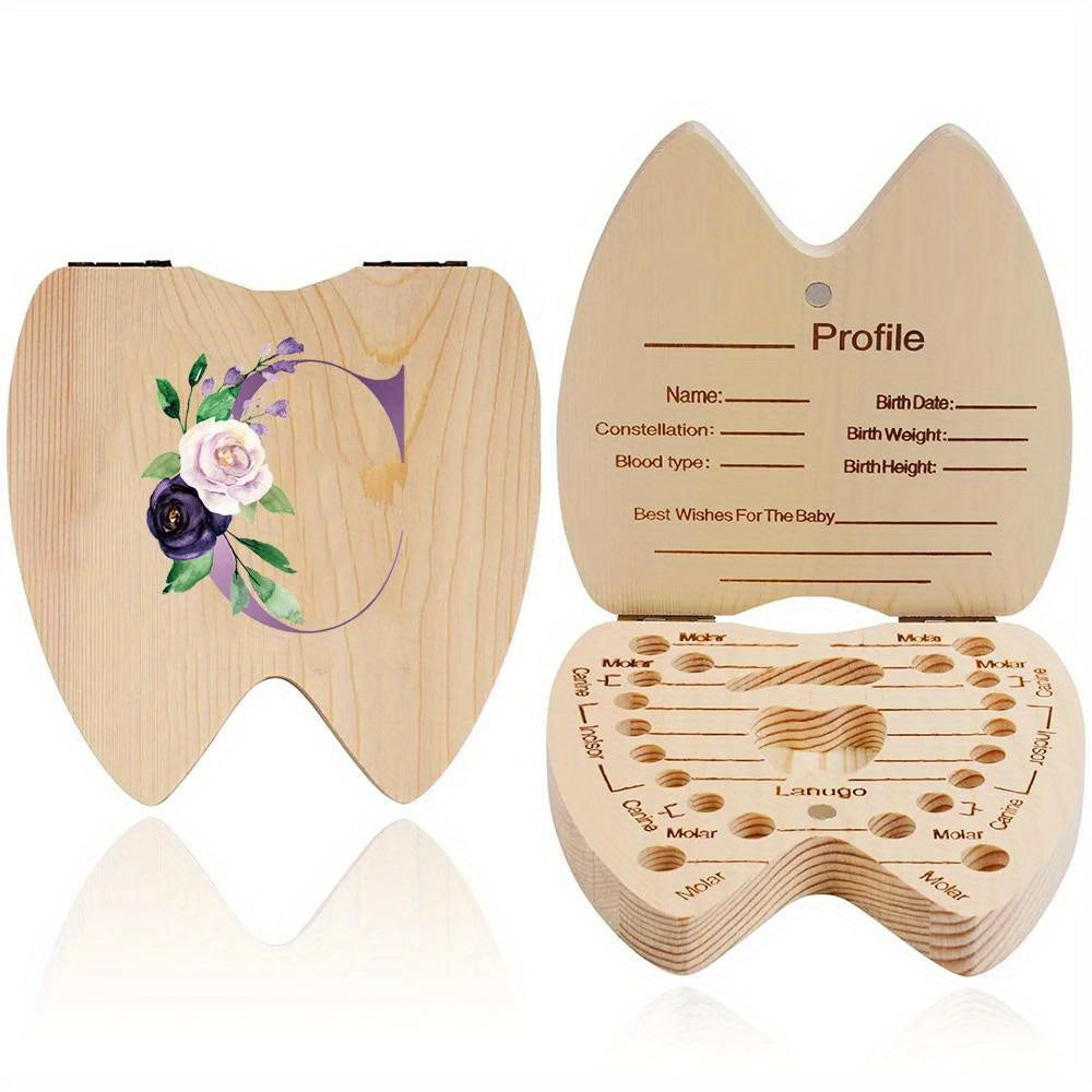 Wooden Keepsake Box for Kids Hexagonal Flip-Top Personalized with Initial and Name Purple Storage for Baby Teeth