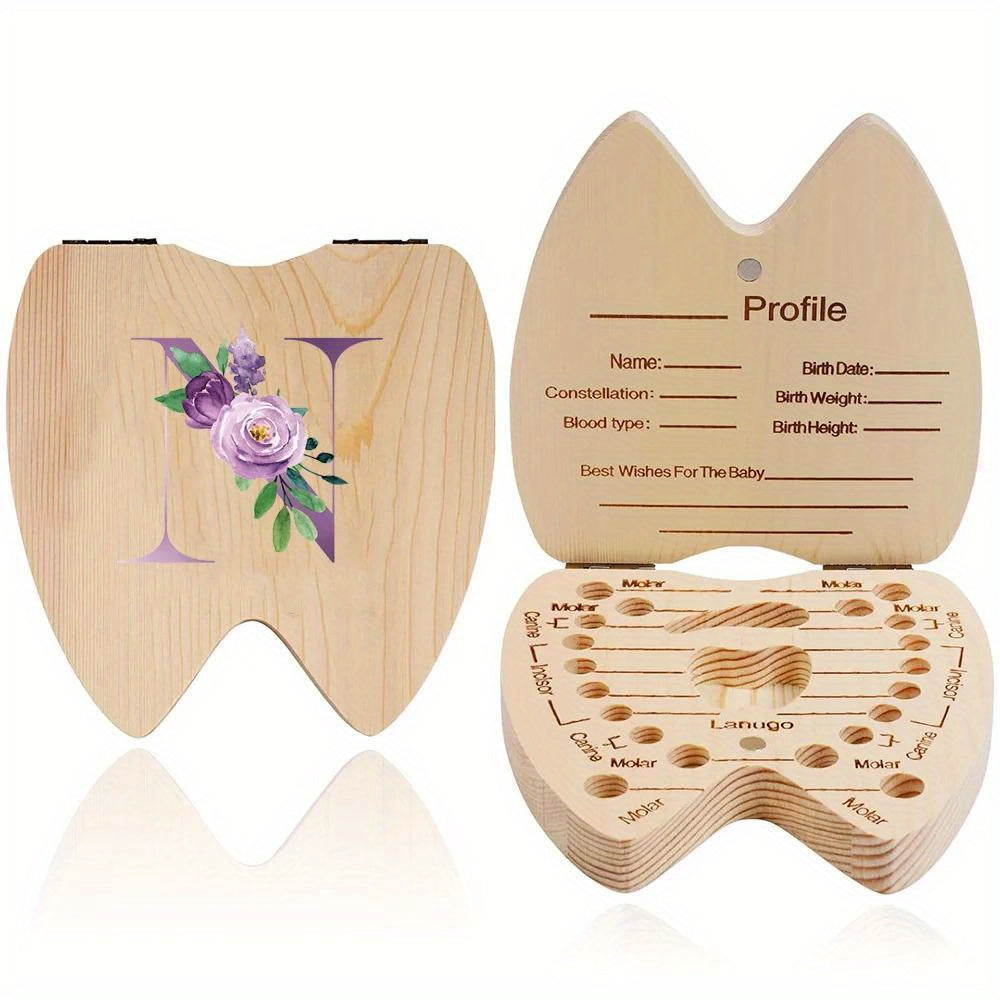 Wooden Keepsake Box for Kids Hexagonal Flip-Top Personalized with Initial and Name Purple Storage for Baby Teeth