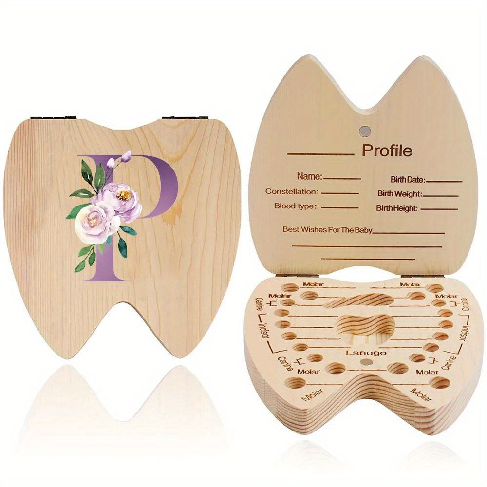 Wooden Keepsake Box for Kids Hexagonal Flip-Top Personalized with Initial and Name Purple Storage for Baby Teeth