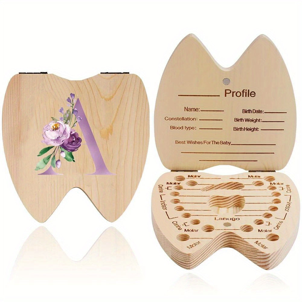 Wooden Keepsake Box for Kids Hexagonal Flip-Top Personalized with Initial and Name Purple Storage for Baby Teeth