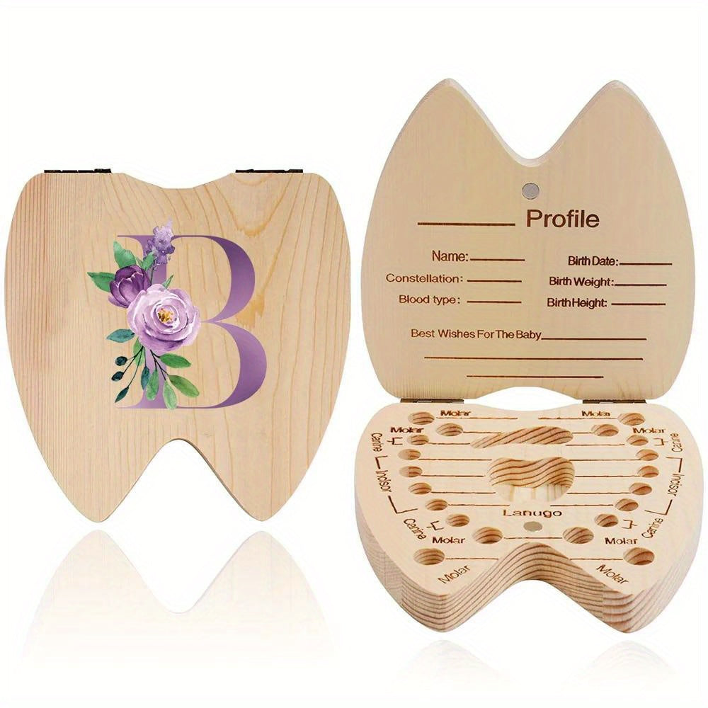 Wooden Keepsake Box for Kids Hexagonal Flip-Top Personalized with Initial and Name Purple Storage for Baby Teeth