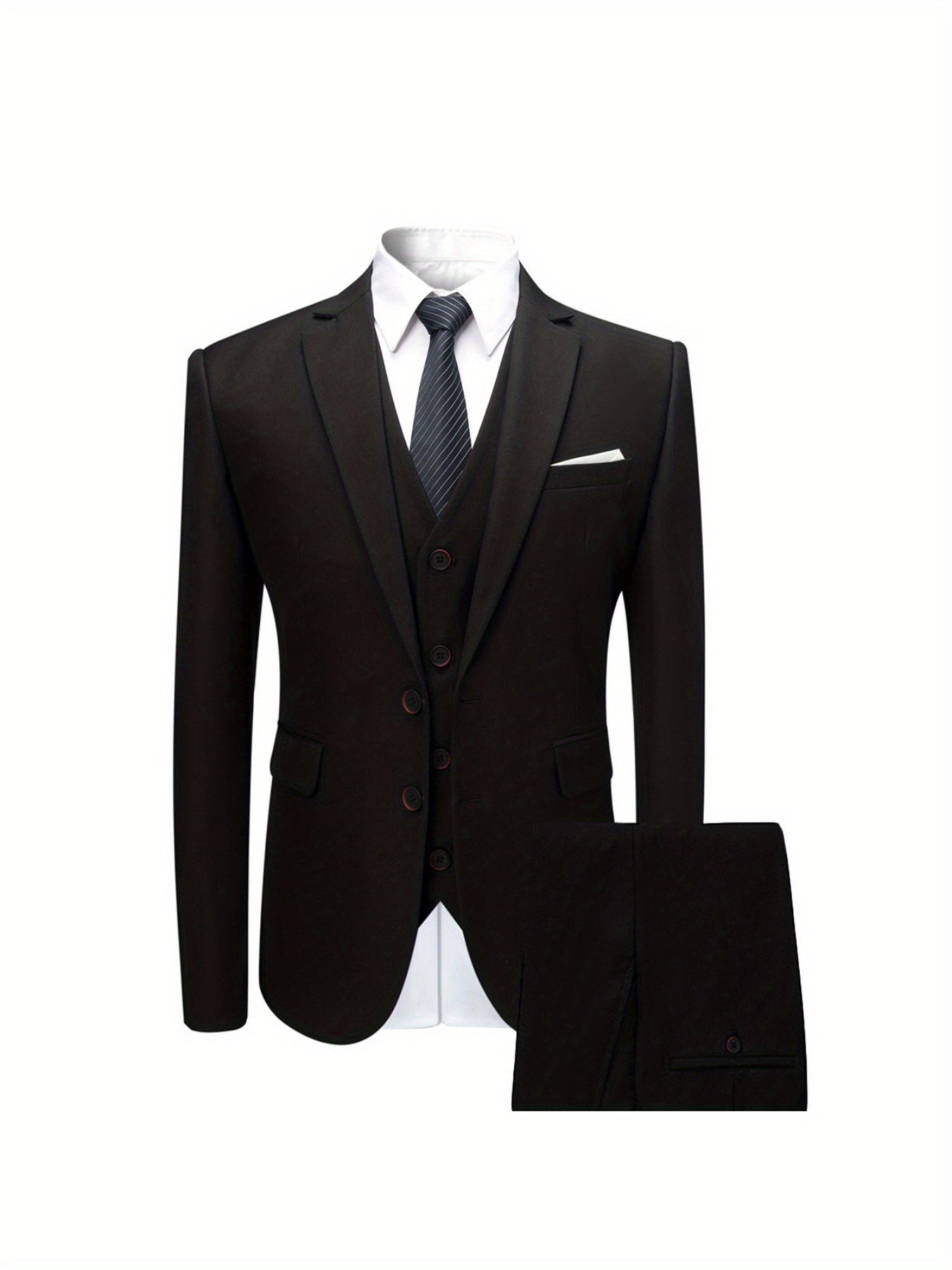 Men's Solid Color Woven Polyester Three-Piece Suit Set with Lapel Collar and Long Sleeves