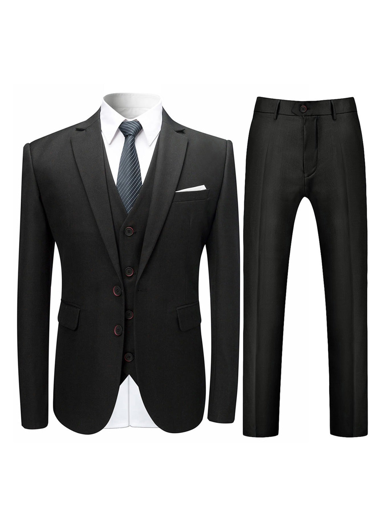 Men's Solid Color Woven Polyester Three-Piece Suit Set with Lapel Collar and Long Sleeves