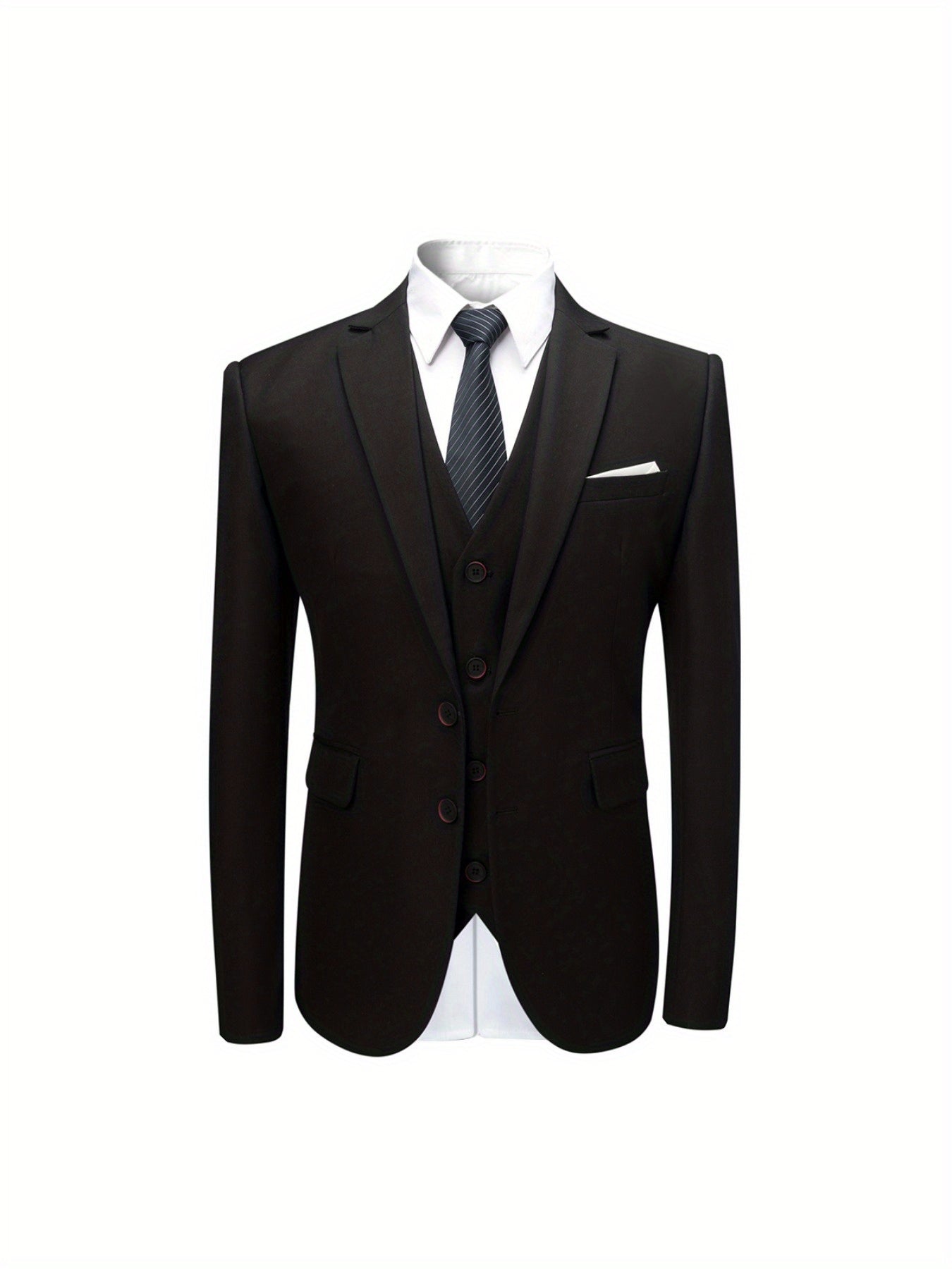 Men's Solid Color Woven Polyester Three-Piece Suit Set with Lapel Collar and Long Sleeves