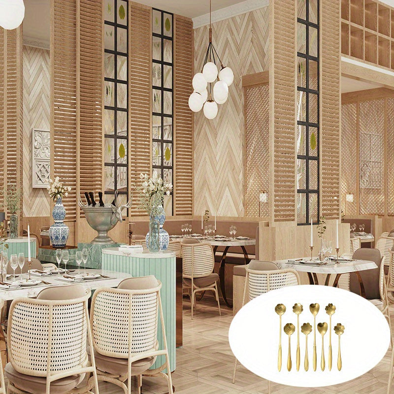 Набор из 8 элегантных чайных ложек из нержавеющей стали с дизайном подсолнуха, розы и ромашки, идеально подходящих для кофе, десертов и мороженого. Особенности: золотистая отделка, декоративные ручки, и