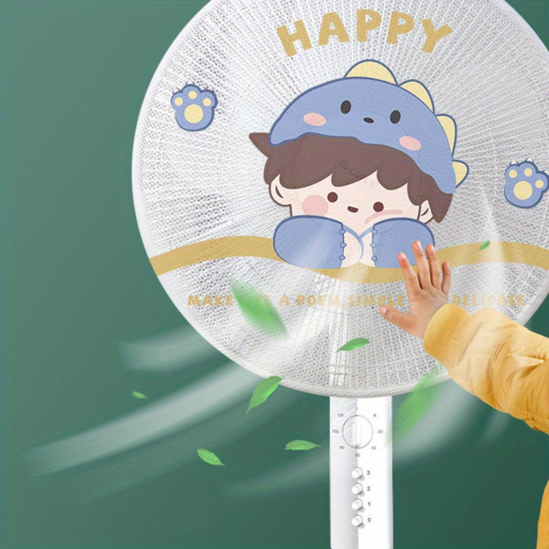 Чехол для вентилятора с рисунком из мультфильма, удобный для детей. Включает все функции для безопасности, защиты от пыли и предотвращения защемления на напольных вентиляторах. Изготовлен из полиэфирного материала, пригодного для ручной стирки.