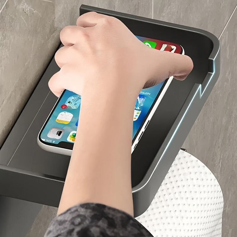Portarrollos de papel higiénico de pared negro con estante para teléfono, instalación sin taladro