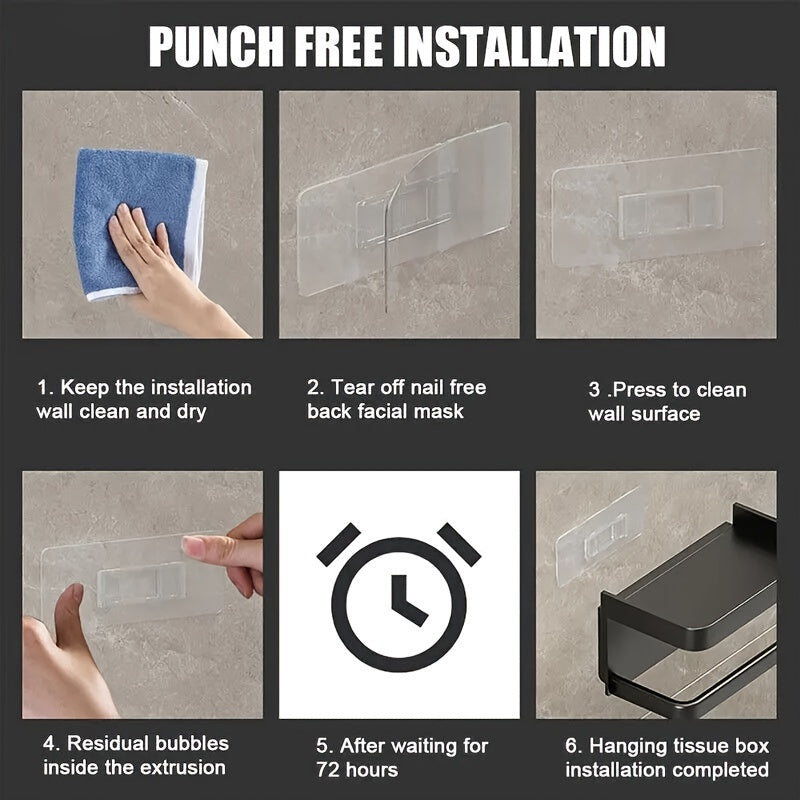 Portarrollos de papel higiénico de pared negro con estante para teléfono, instalación sin taladro