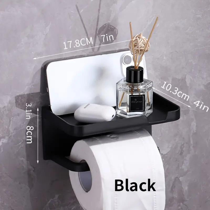 Black Wall-Mounted Toilet Paper Holder with Phone Shelf No-Drill Installation