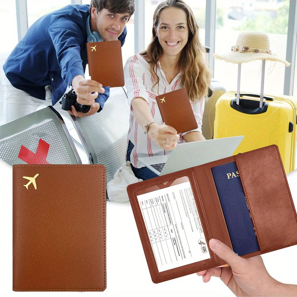 Funda de pasaporte de cuero sintético marrón con letra dorada y gráfico de avión, funda de viaje delgada para documentos, tarjetas y dinero en efectivo