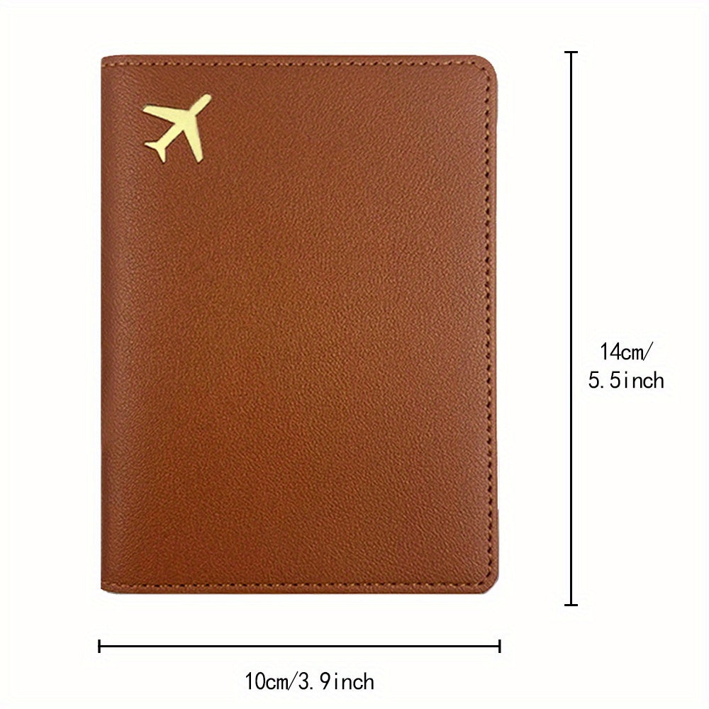 Brown Synthetic Leather Passport Holder with Gold Letter and Airplane Graphic Slim Travel Case for Documents Cards and Cash