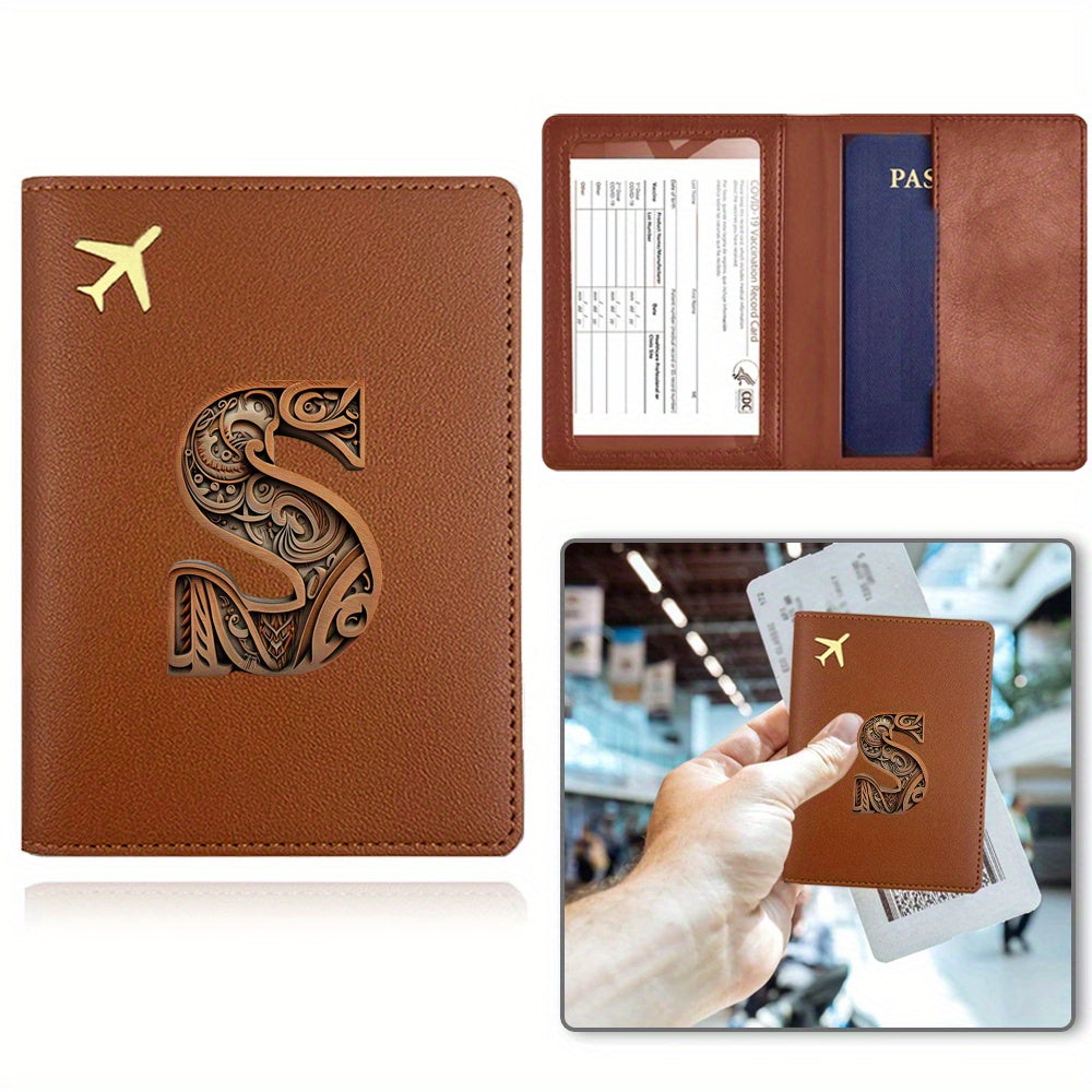 Funda de pasaporte de cuero sintético marrón con letra dorada y gráfico de avión, funda de viaje delgada para documentos, tarjetas y dinero en efectivo