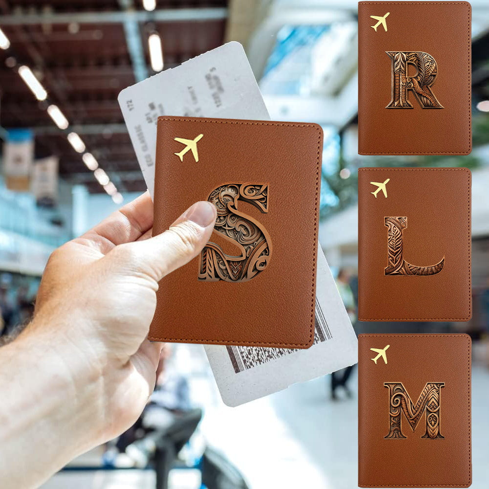Brown Synthetic Leather Passport Holder with Gold Letter and Airplane Graphic Slim Travel Case for Documents Cards and Cash