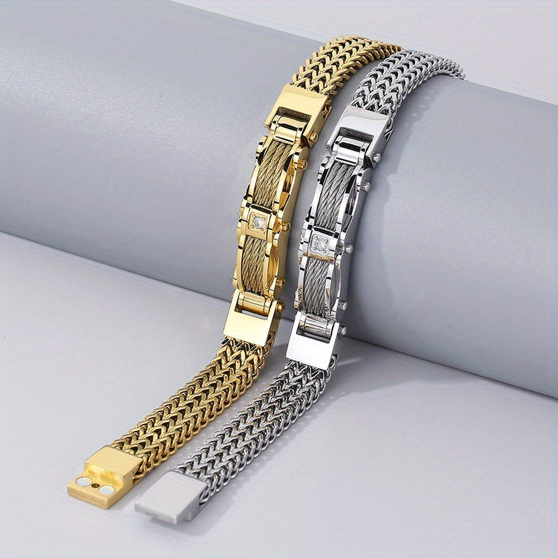 Men's Titanium Steel Bracelet with Faux Gemstone Square Design Magnetic Clasp