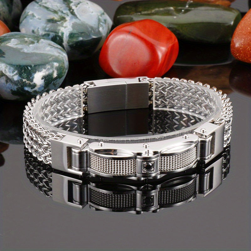 Men's Titanium Steel Bracelet with Faux Gemstone Square Design Magnetic Clasp