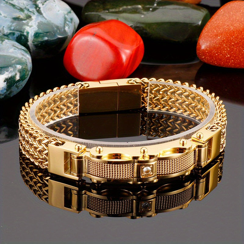Men's Titanium Steel Bracelet with Faux Gemstone Square Design Magnetic Clasp
