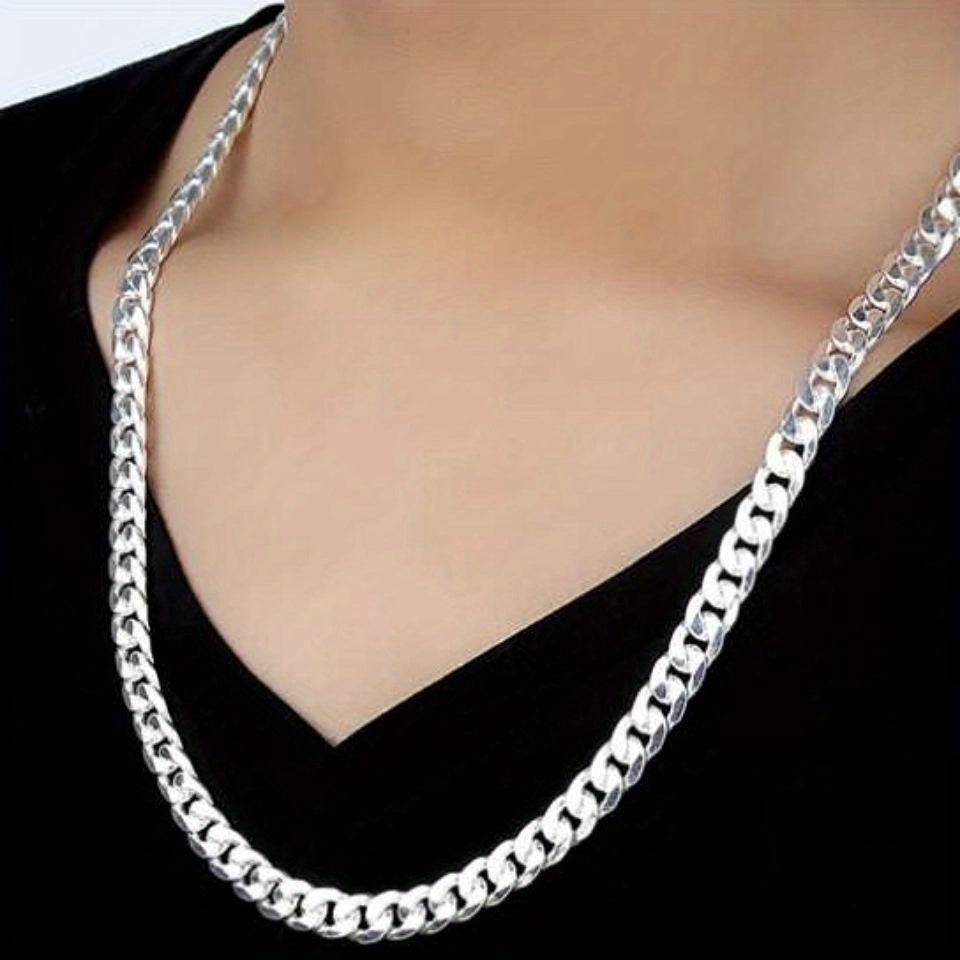 Sterling Silver Plated Cuban Link Chain Necklace for Men 7mm White Bronze