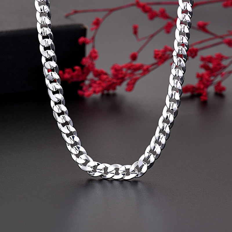 Sterling Silver Plated Cuban Link Chain Necklace for Men 7mm White Bronze