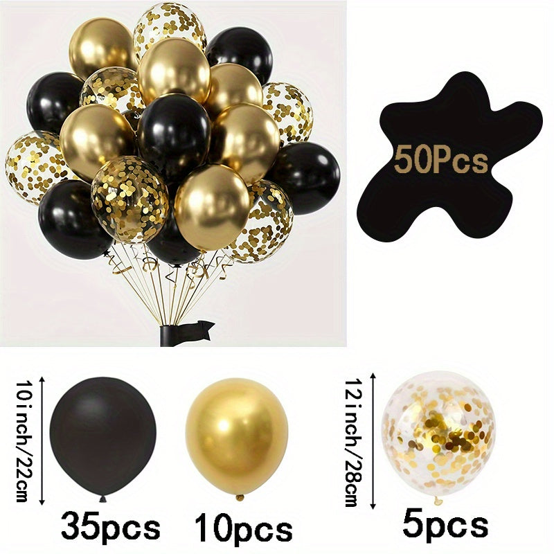 50 ta qora va oltin konfeti lateks sharlari to'plami turli tadbirlar va bezaklar uchun. To'ylar, tug'ilgan kunlar, yubileylarga, bitiruvlarga, bayramlarga, Onalar kuniga, ichki/tashqi tadbirlarga va uy bezaklariga juda mos keladi.