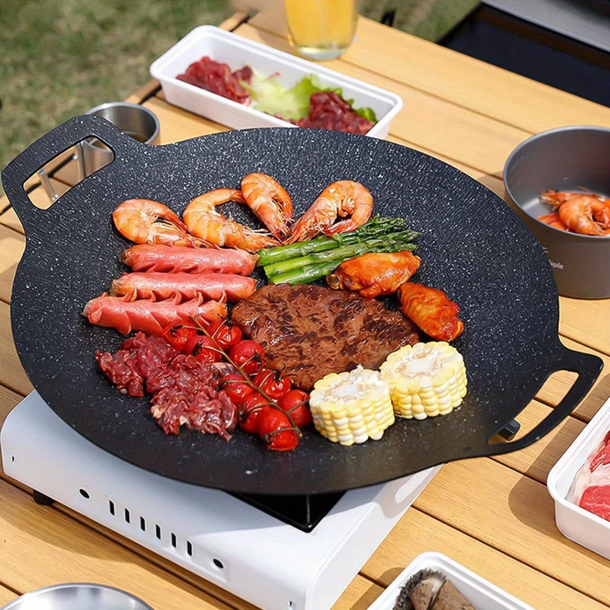 Qattiq temir BBQ grill pan, yopishmaydigan, Koreyscha barbekyu plitasi, tutqichlar bilan