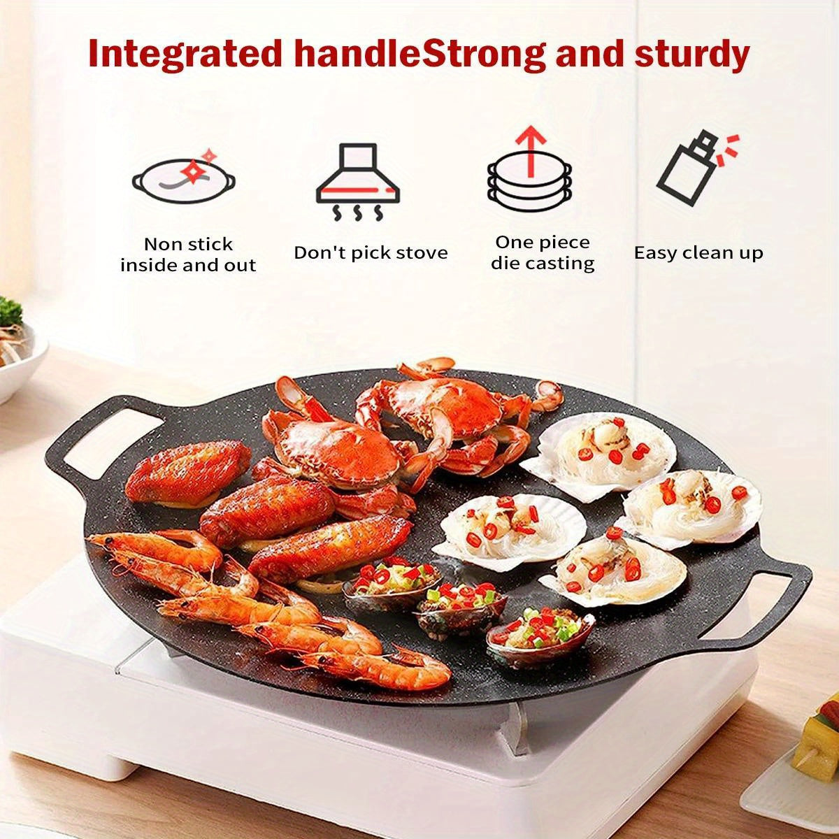 Cast Iron BBQ Grill Pan Non-Stick Korean Barbecue Plate with Handles