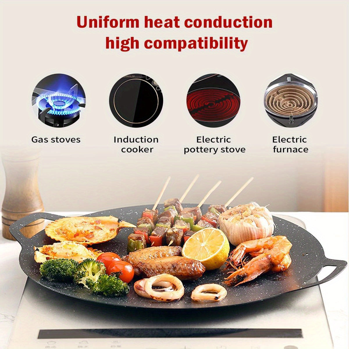 Cast Iron BBQ Grill Pan Non-Stick Korean Barbecue Plate with Handles