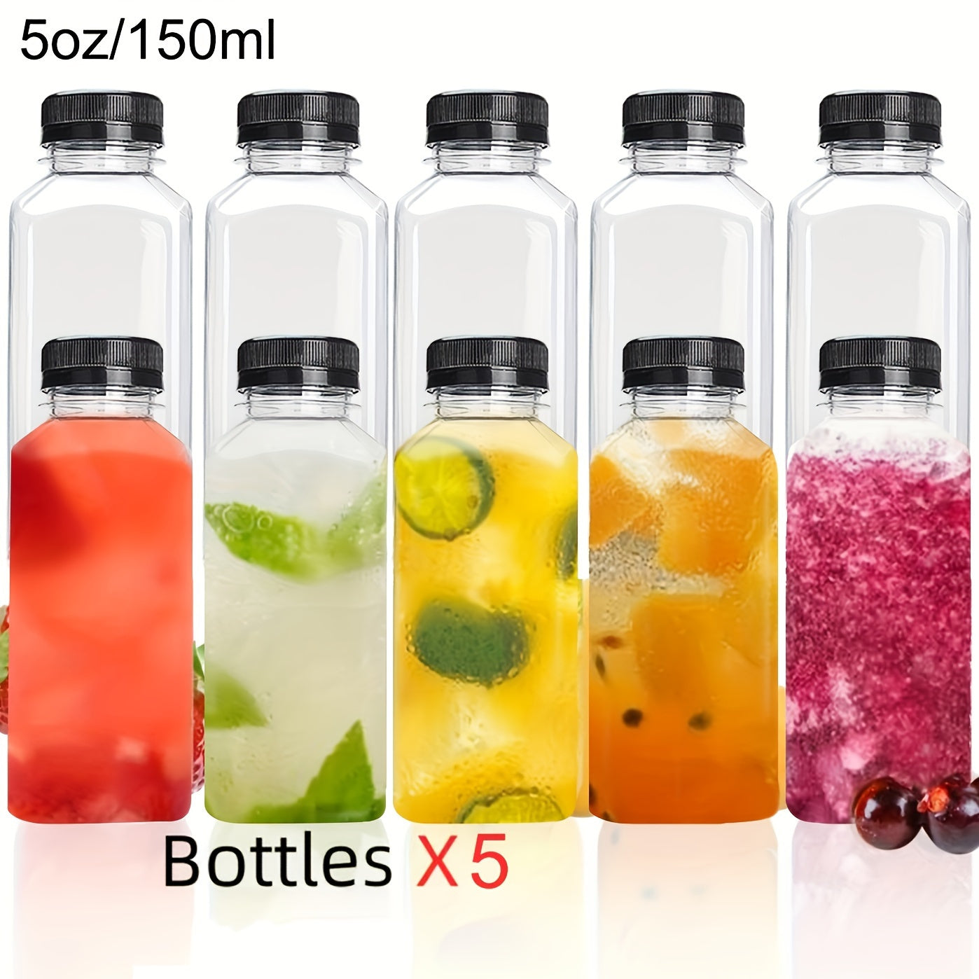 Leak-Proof Clear Plastic Juice Bottles, Recyclable, Bulk Pack of 5 to 10