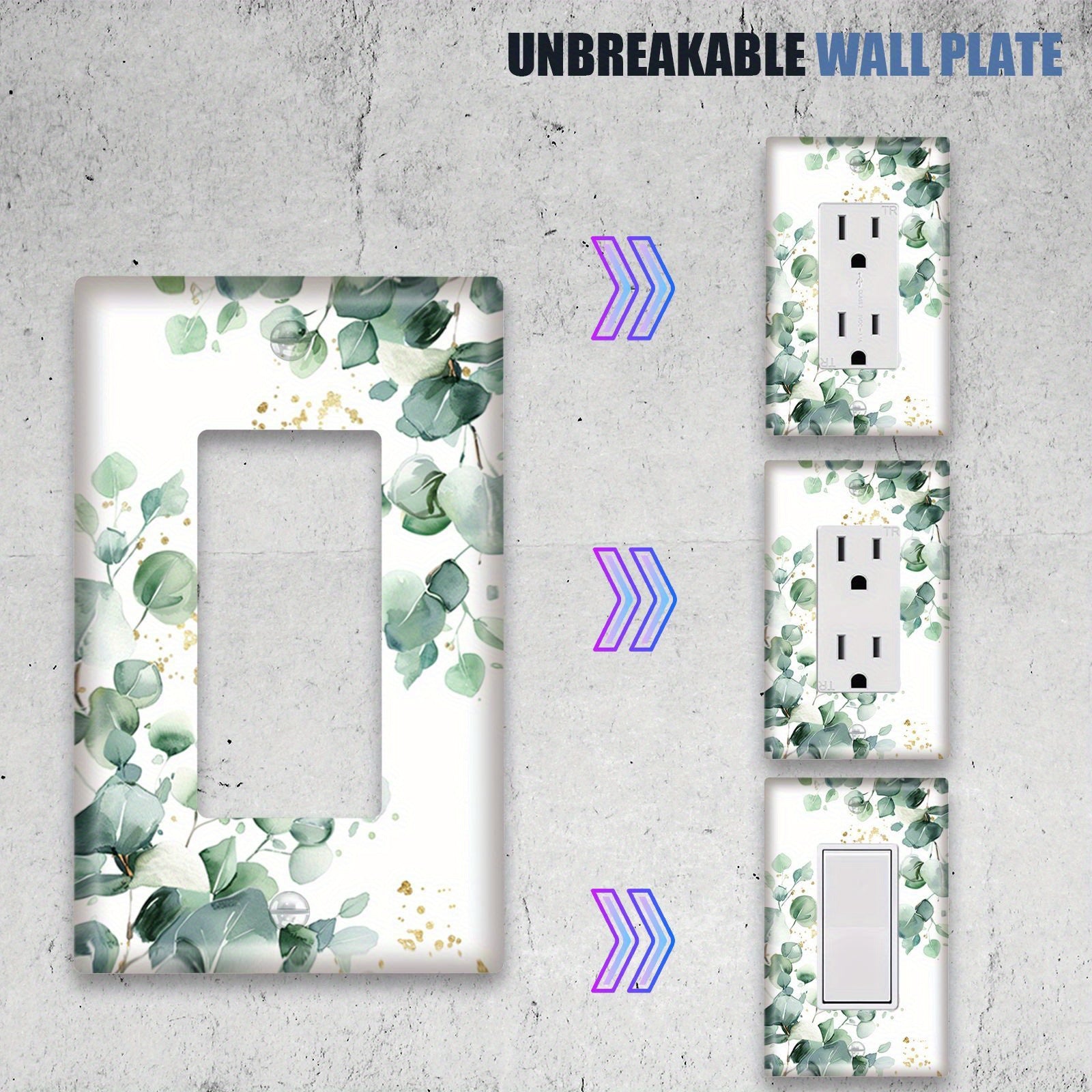 Green Leaves Pattern Light Switch Cover Double Hole Decorative Unbreakable White and Gold