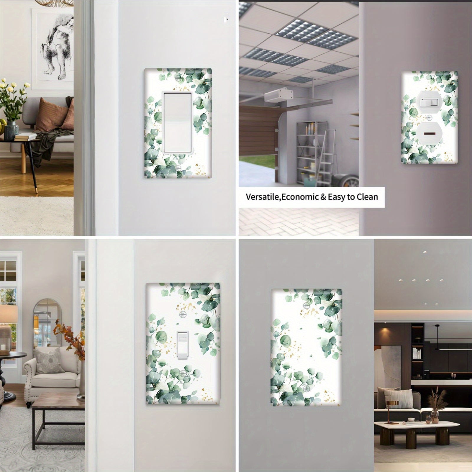 Green Leaves Pattern Light Switch Cover Double Hole Decorative Unbreakable White and Gold