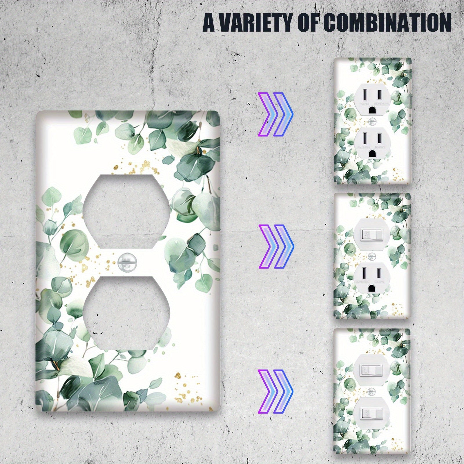 Green Leaves Pattern Light Switch Cover Double Hole Decorative Unbreakable White and Gold