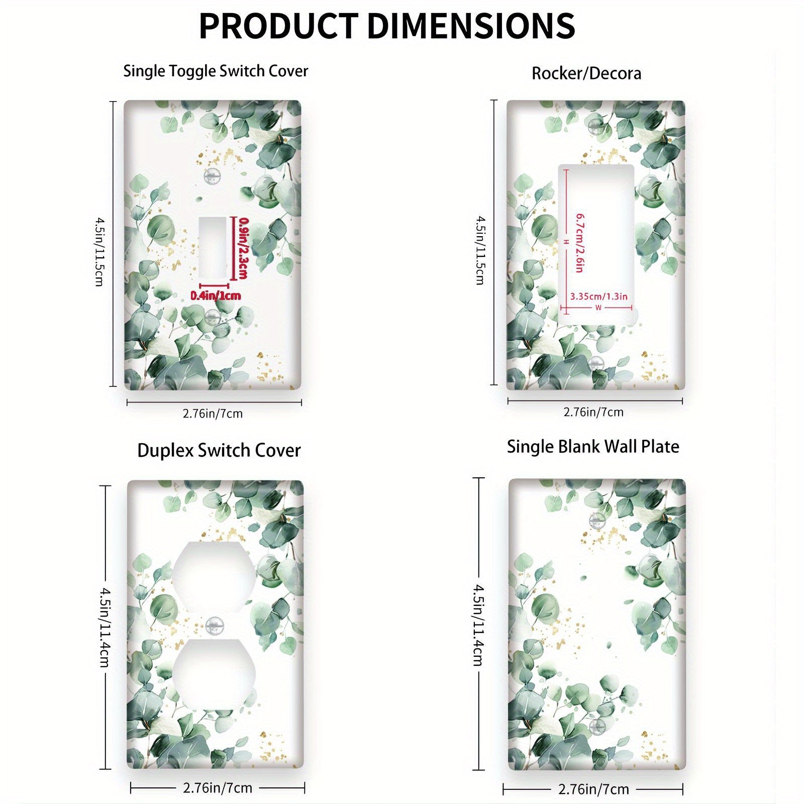 Green Leaves Pattern Light Switch Cover Double Hole Decorative Unbreakable White and Gold