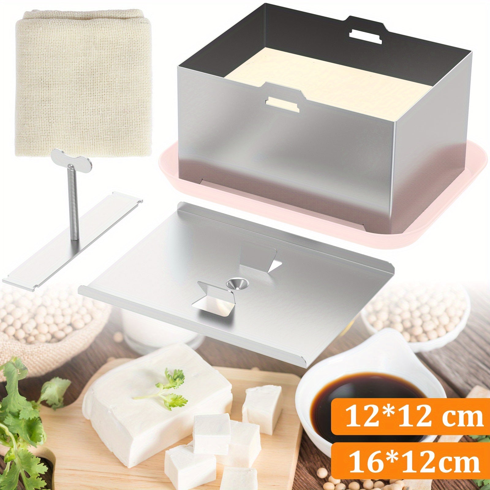 Adjustable Stainless Steel Tofu Press Kit with Drip Tray and Cloth
