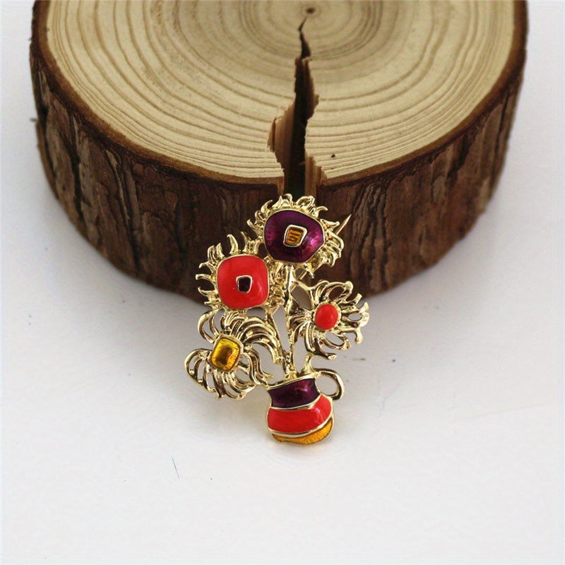 Vintage Sunflower Enamel Brooch with Rhinestones for Dresses and Party Attire