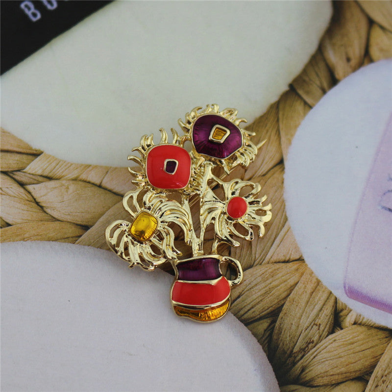 Vintage Sunflower Enamel Brooch with Rhinestones for Dresses and Party Attire