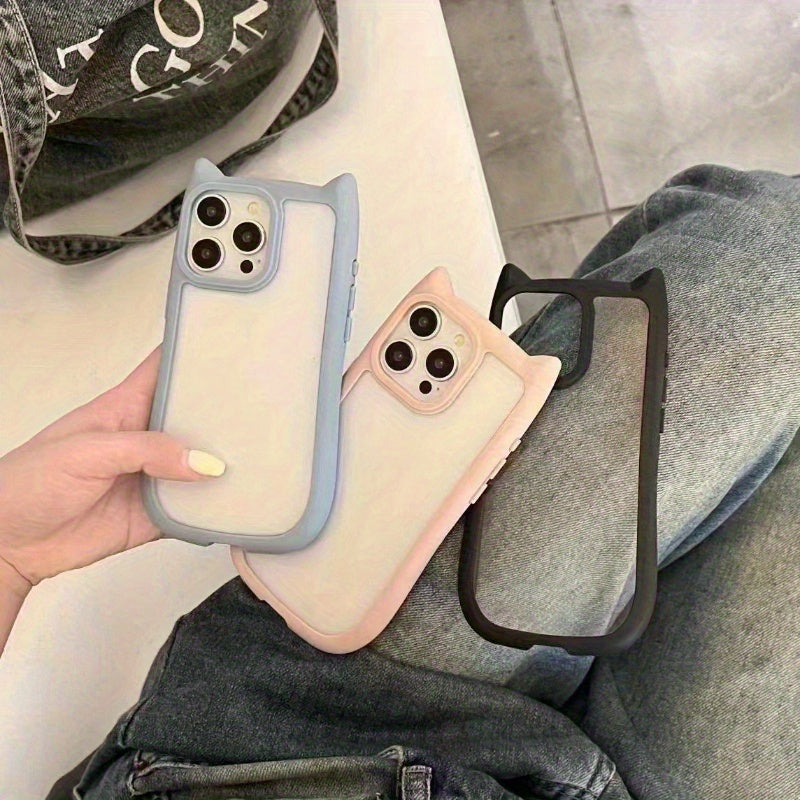Funda de teléfono transparente con orejas de gato de dibujos animados para modelos de iPhone con protección para la lente