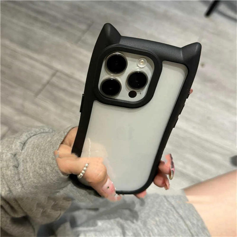Funda de teléfono transparente con orejas de gato de dibujos animados para modelos de iPhone con protección para la lente