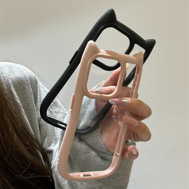 Funda de teléfono transparente con orejas de gato de dibujos animados para modelos de iPhone con protección para la lente