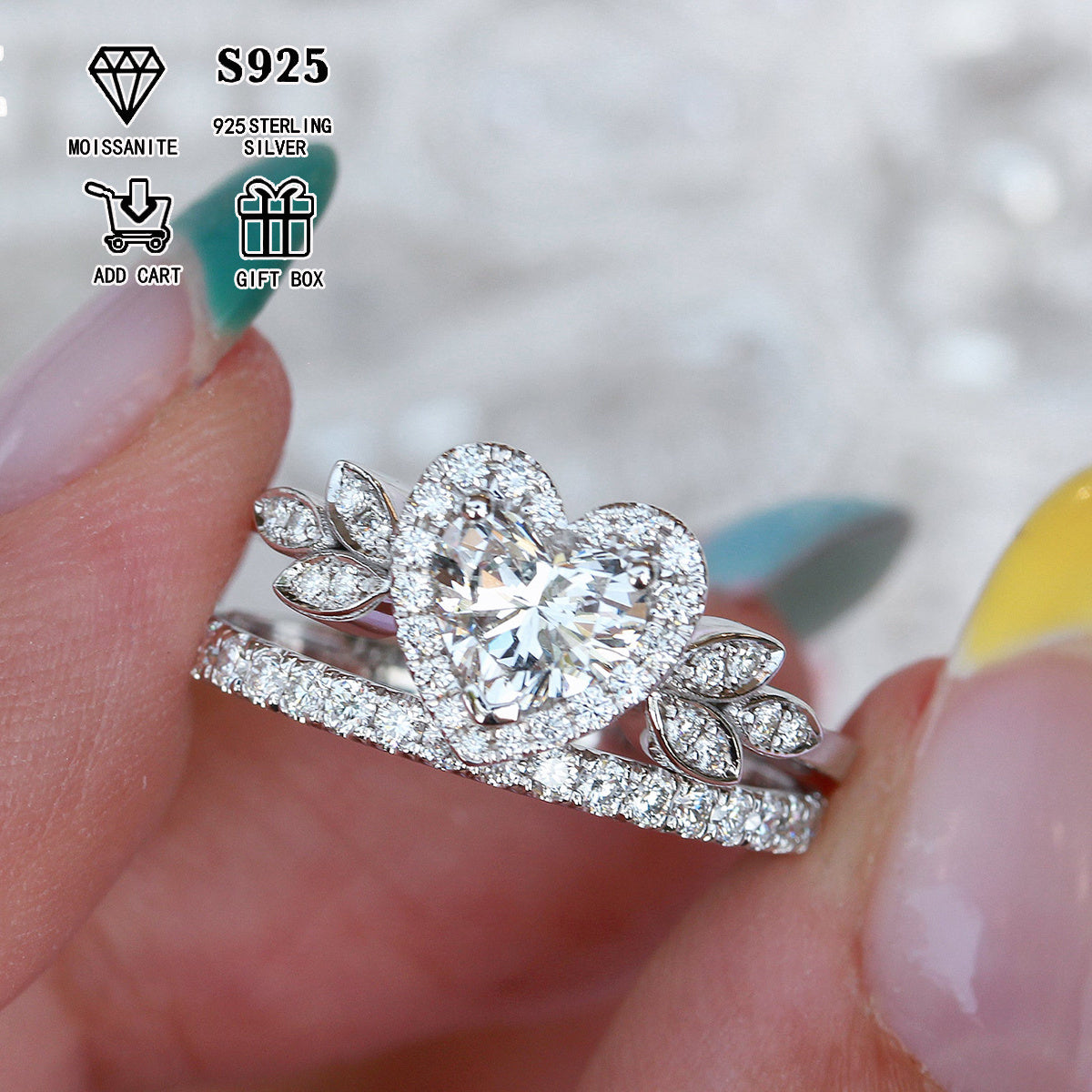 Anillo apilable de corazón de plata de ley con moissanita de 2ct y 1ct, regalo de compromiso y boda