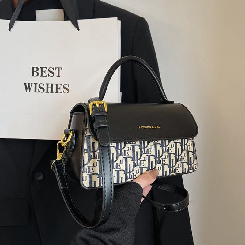 Women's Crossbody Bag with Letter Print Adjustable Strap Black and Gold Accents