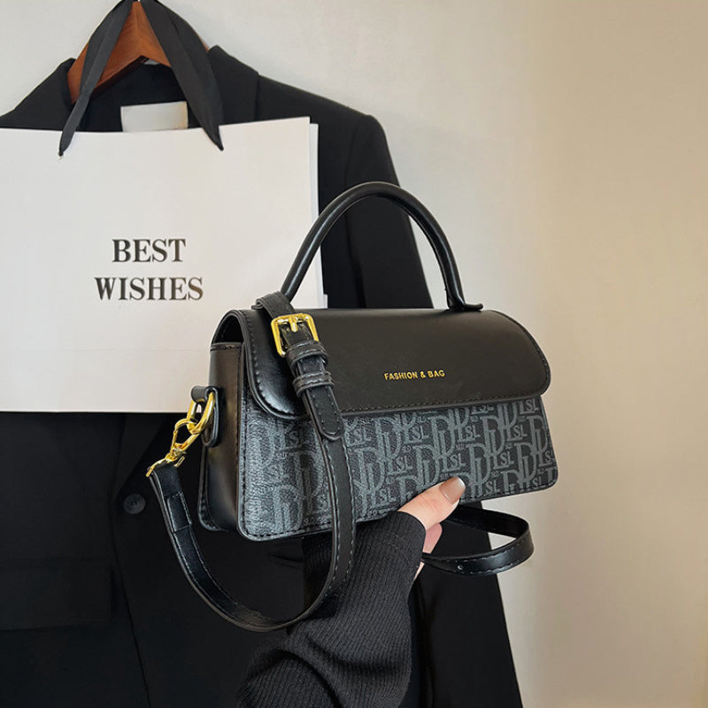 Women's Crossbody Bag with Letter Print Adjustable Strap Black and Gold Accents