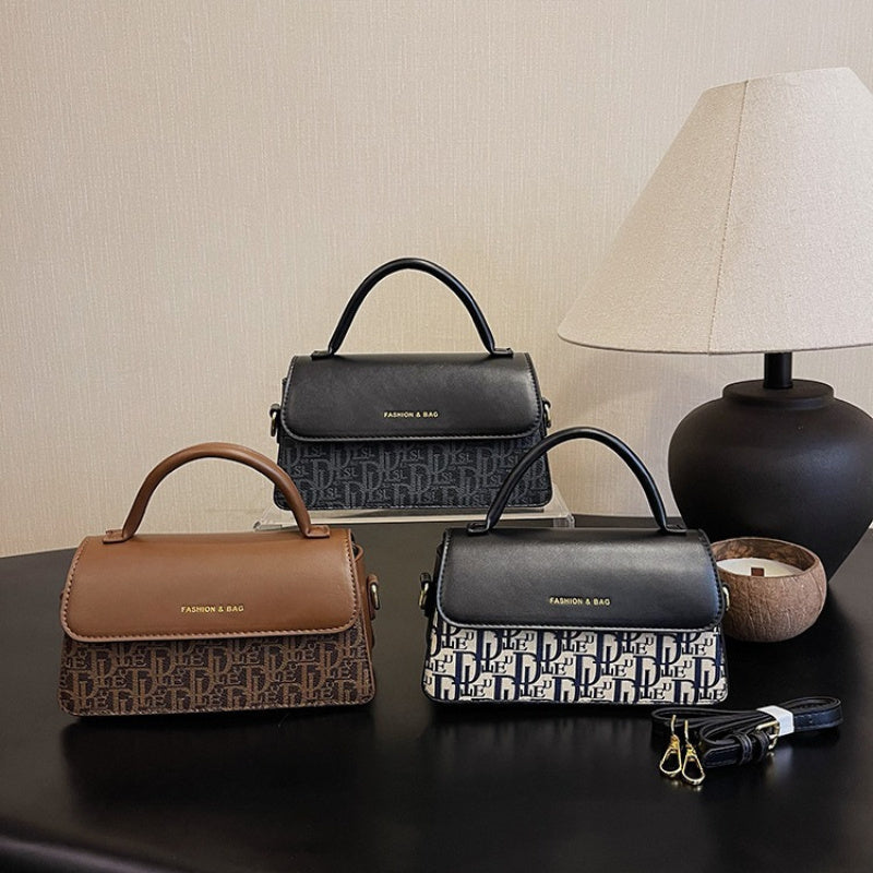 Women's Crossbody Bag with Letter Print Adjustable Strap Black and Gold Accents