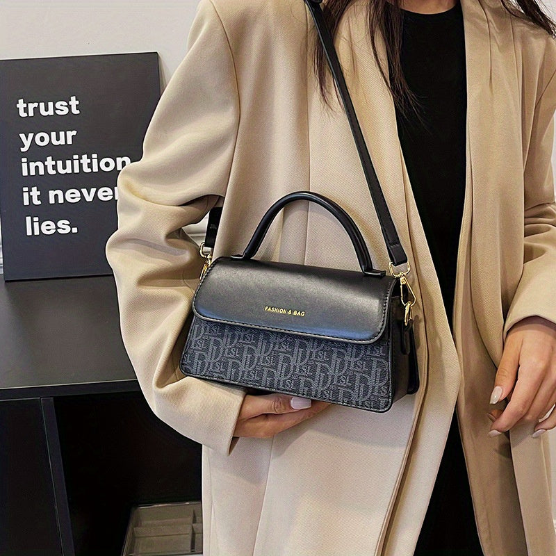 Women's Crossbody Bag with Letter Print Adjustable Strap Black and Gold Accents