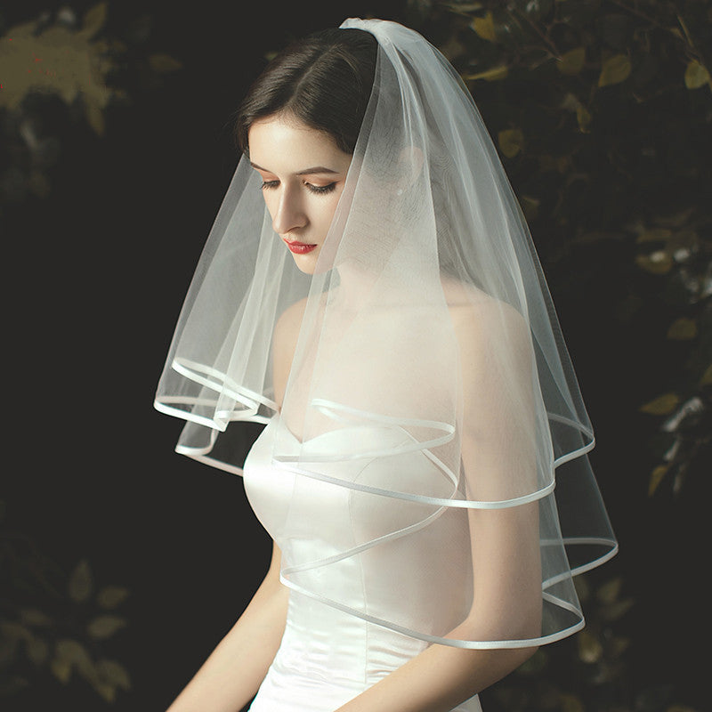 White Short Bridal Veil Double-Layer Satin Wedding Veil with Comb