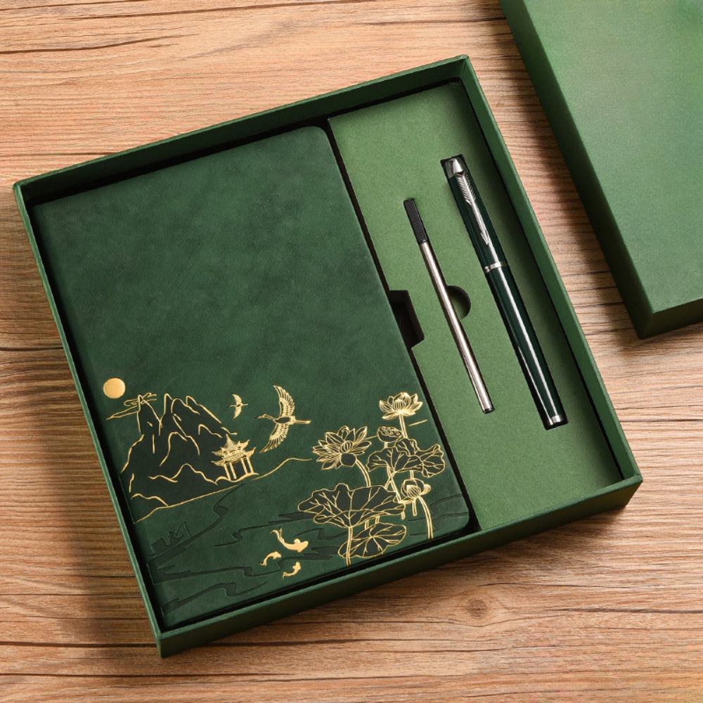 Chinese Landscape Faux Leather Notebook and Pen Set with Embossed Cover