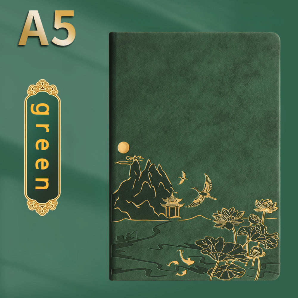 Set de cuadernos de cuero sintético con paisaje chino, diseño en relieve y bolígrafo