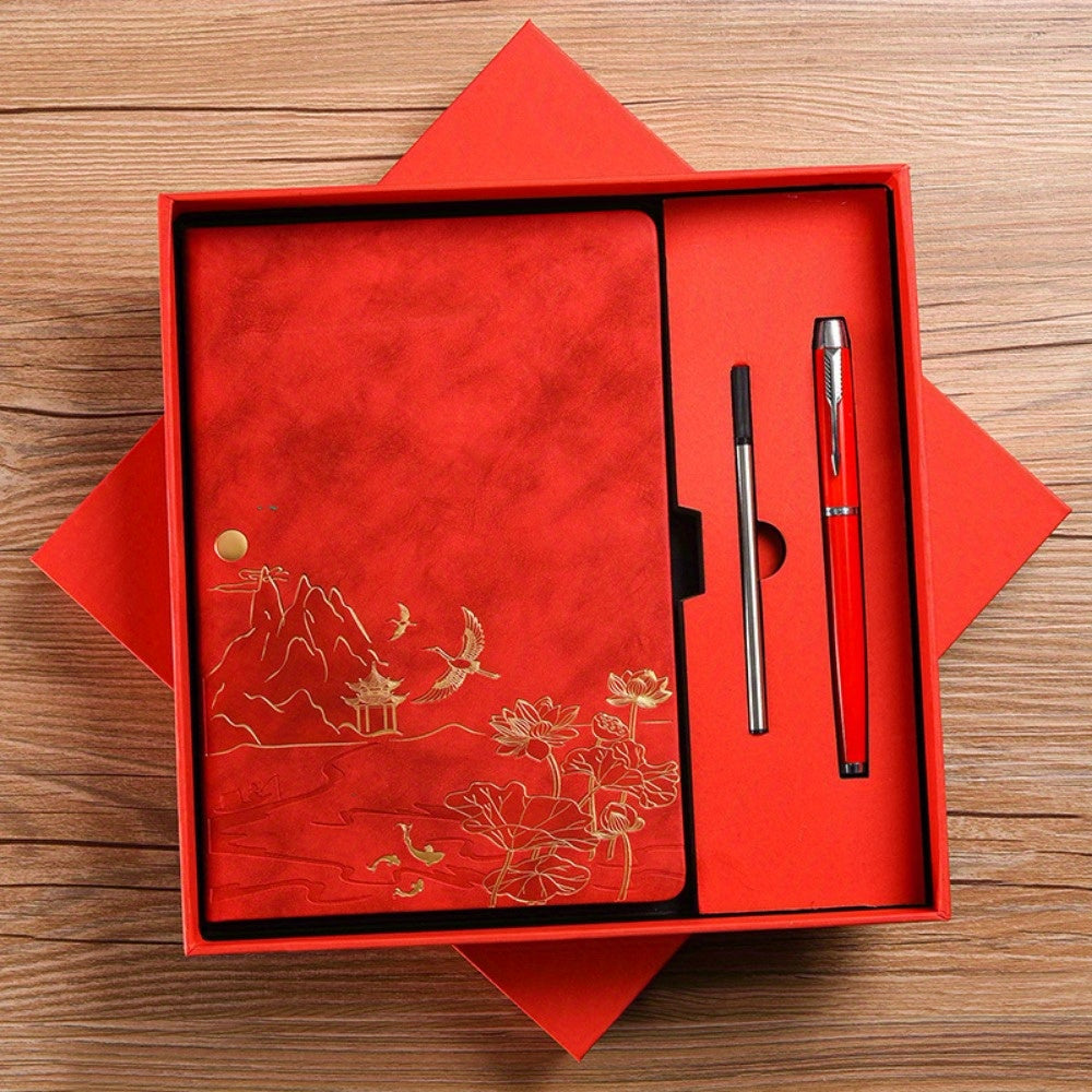 Chinese Landscape Faux Leather Notebook and Pen Set with Embossed Cover
