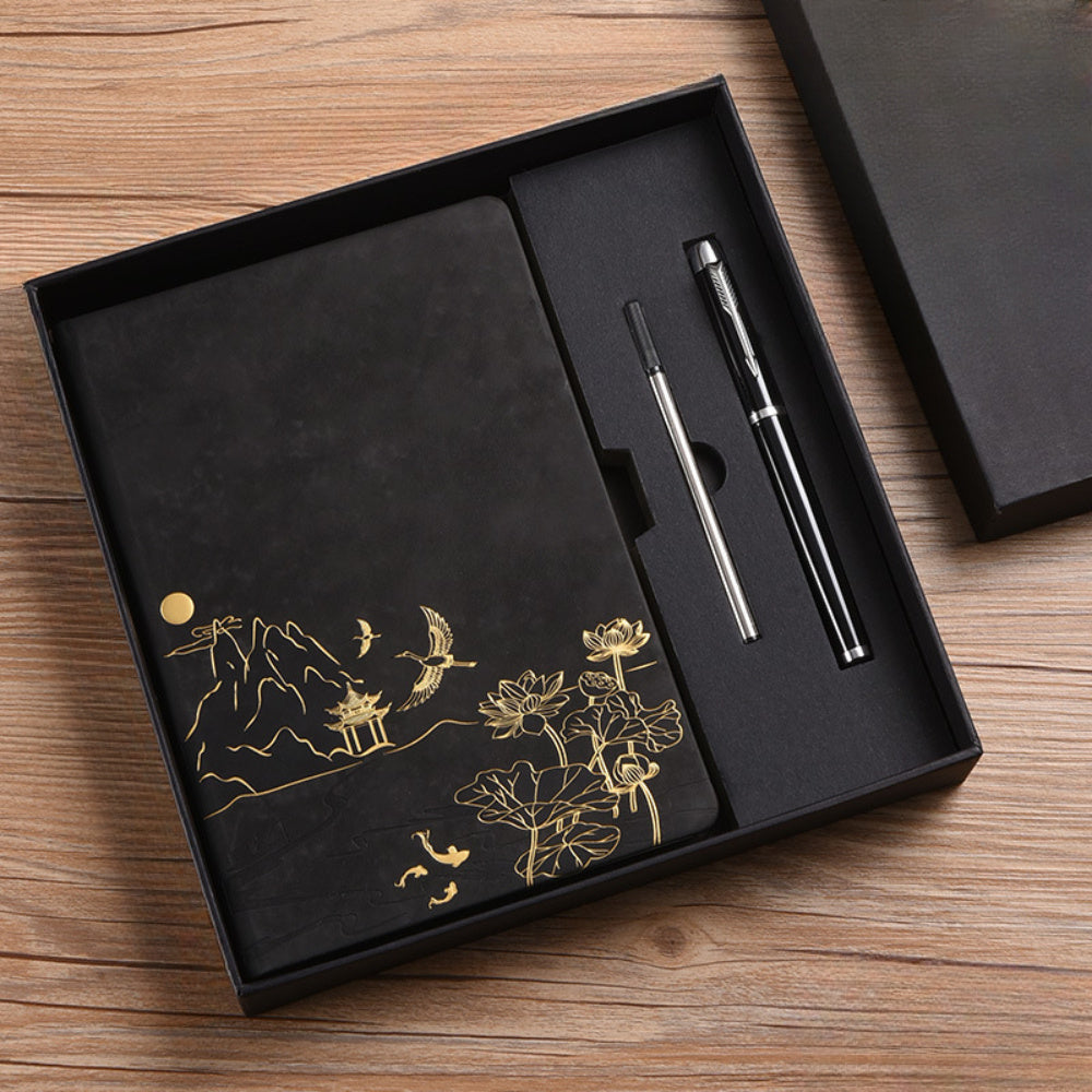 Set de cuadernos de cuero sintético con paisaje chino, diseño en relieve y bolígrafo